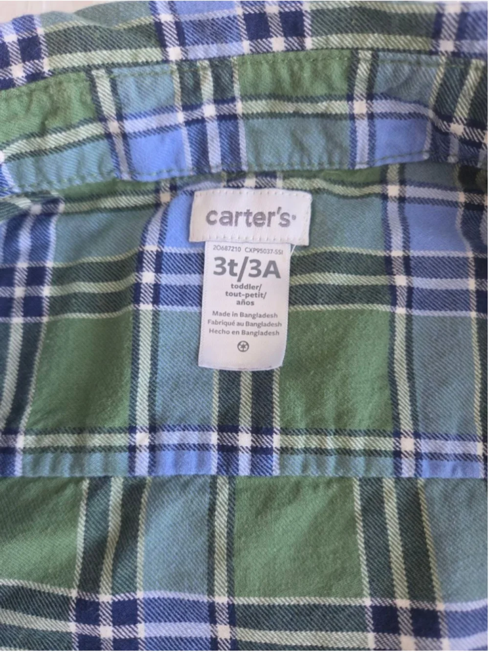 Carter's Boys Plaid Button Down Shirt Size 3T Green Blue 100% Cotton